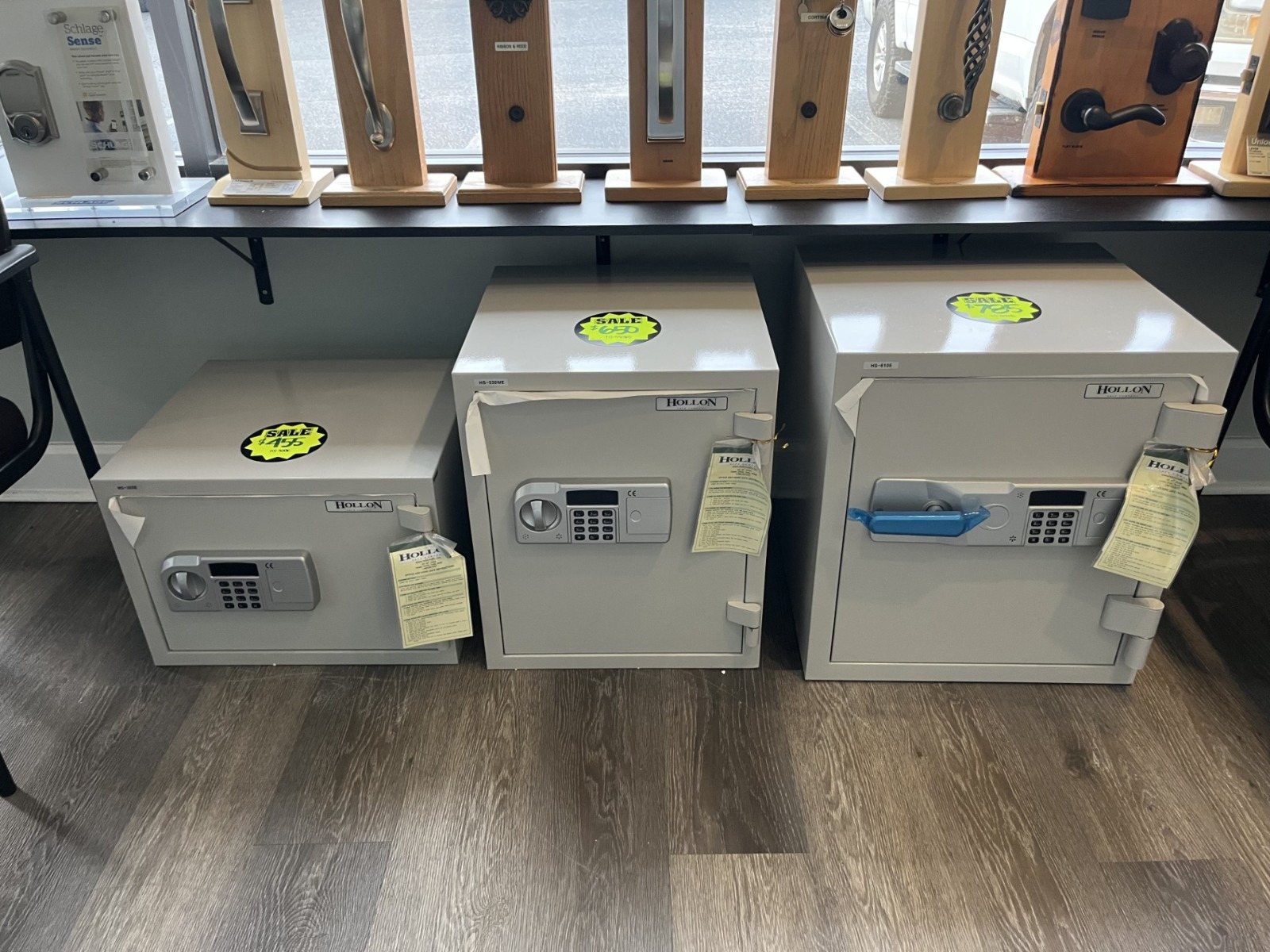 Downs showroom with safes and door hardware on display